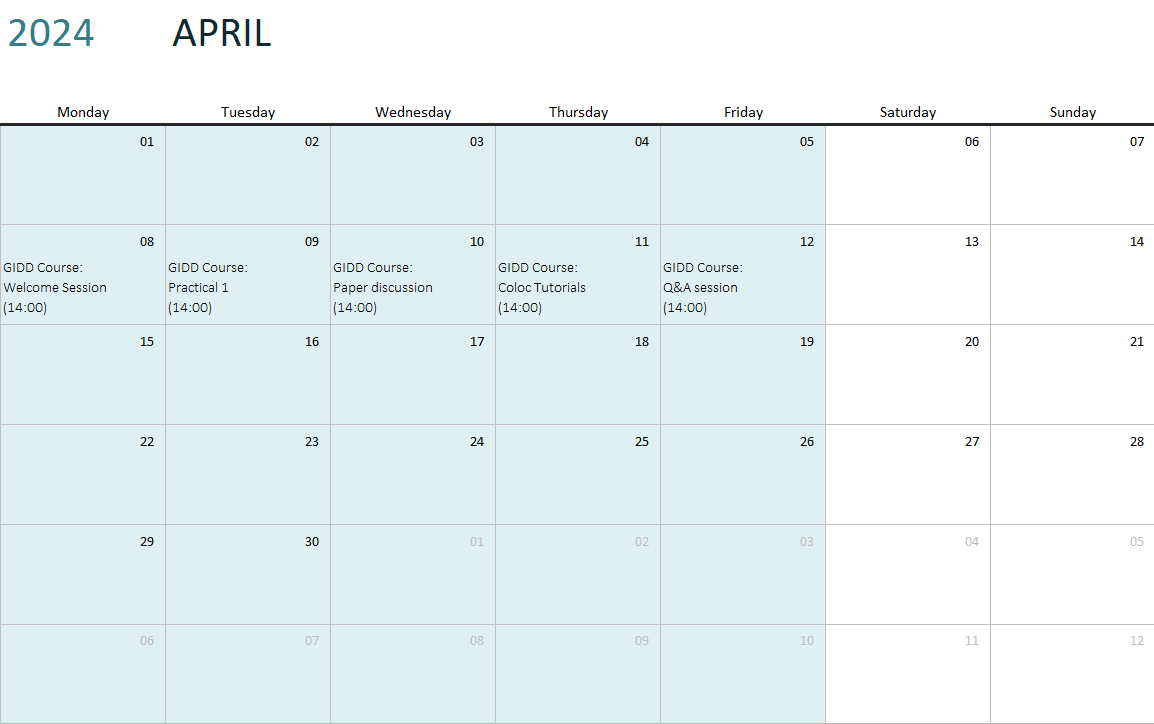 April 2024 GIDD course timetable